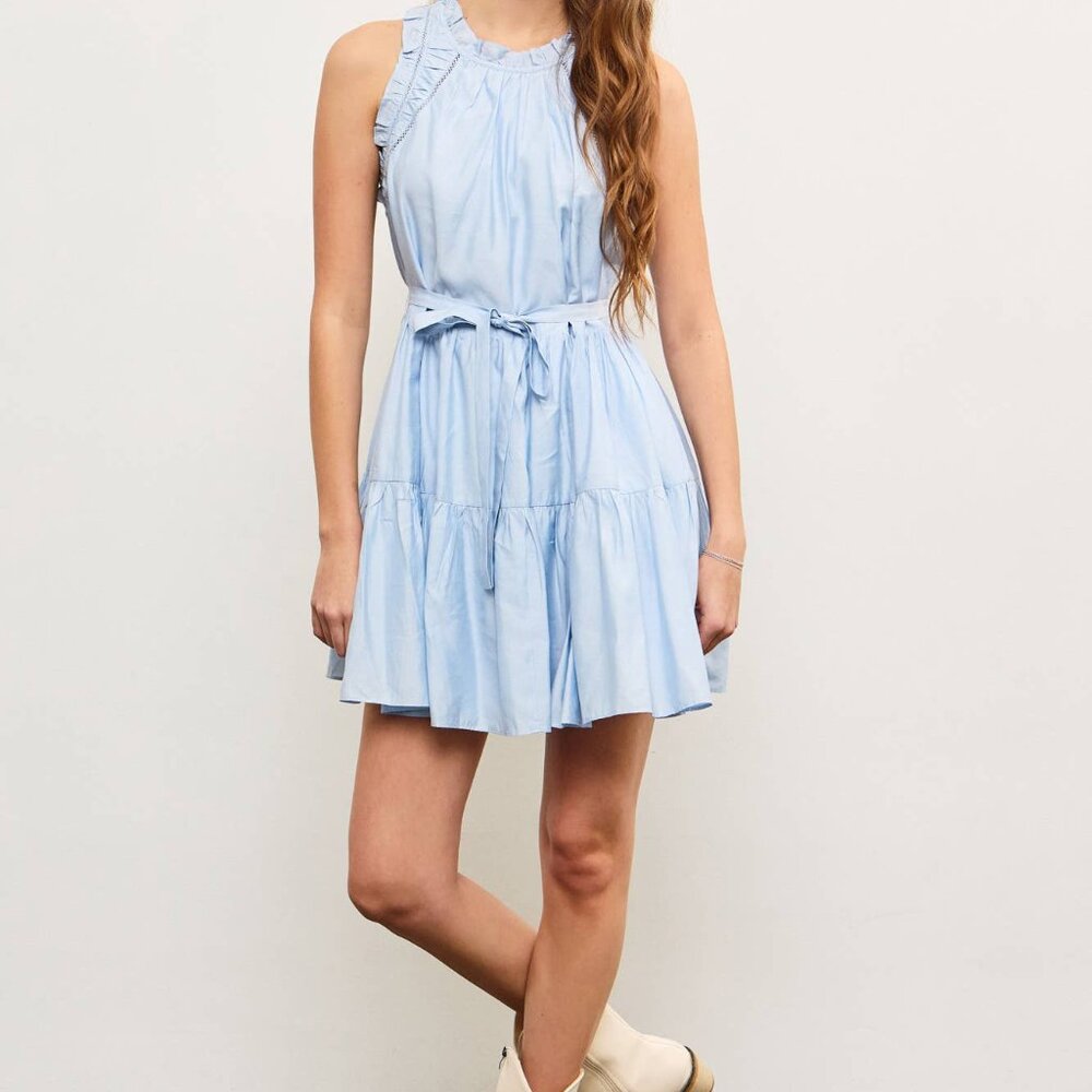 RUFFLE EDGE SHIRRED SLEEVELESS DRESS